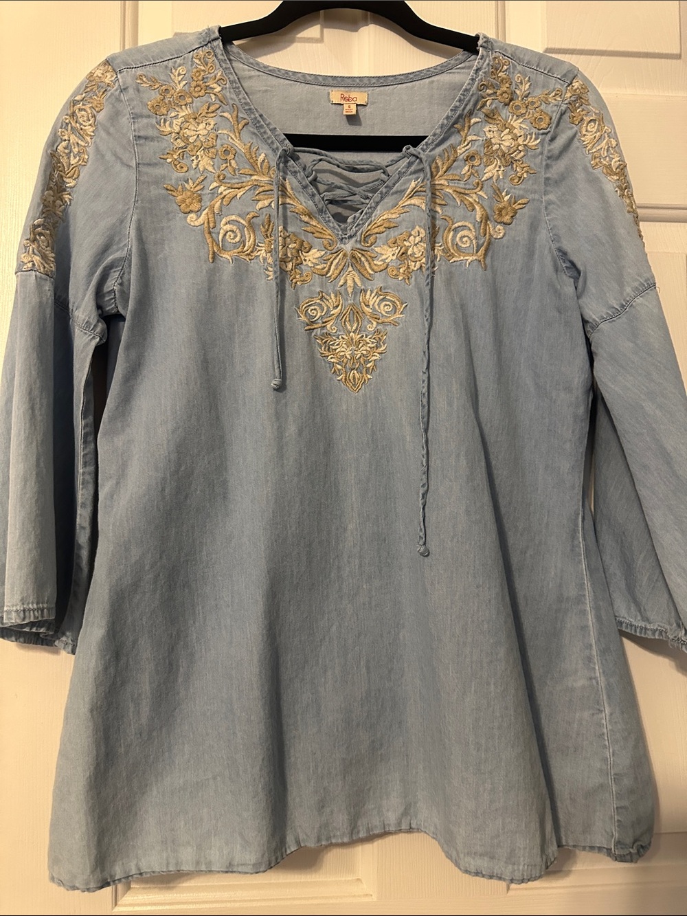 Reba Light Blue Tunic with beige Floral Embroidery